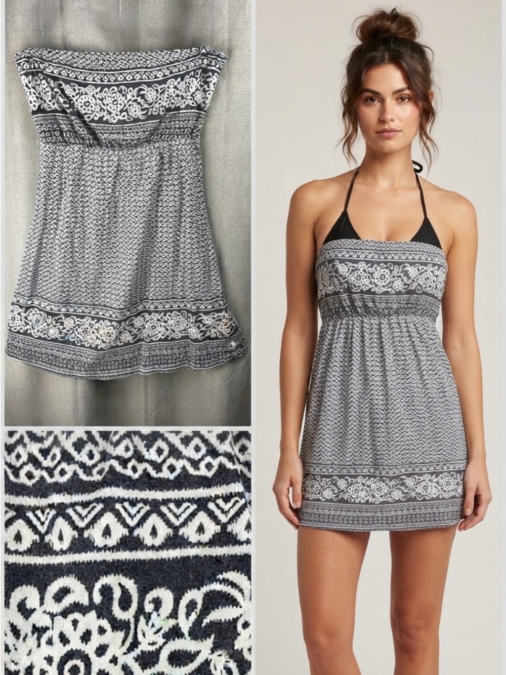 Roxy Strapless Surf Mini Dress Gray Mandala Swim Cover Up Beach Halter M
